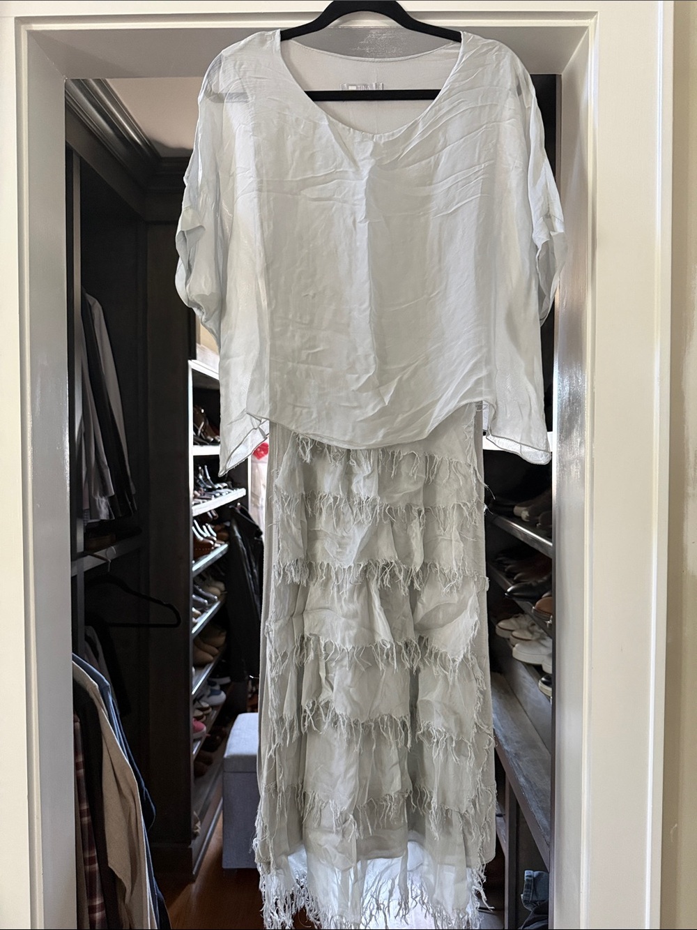 Tina Stephen’s Light Gray Tiered Fringe Midi dress